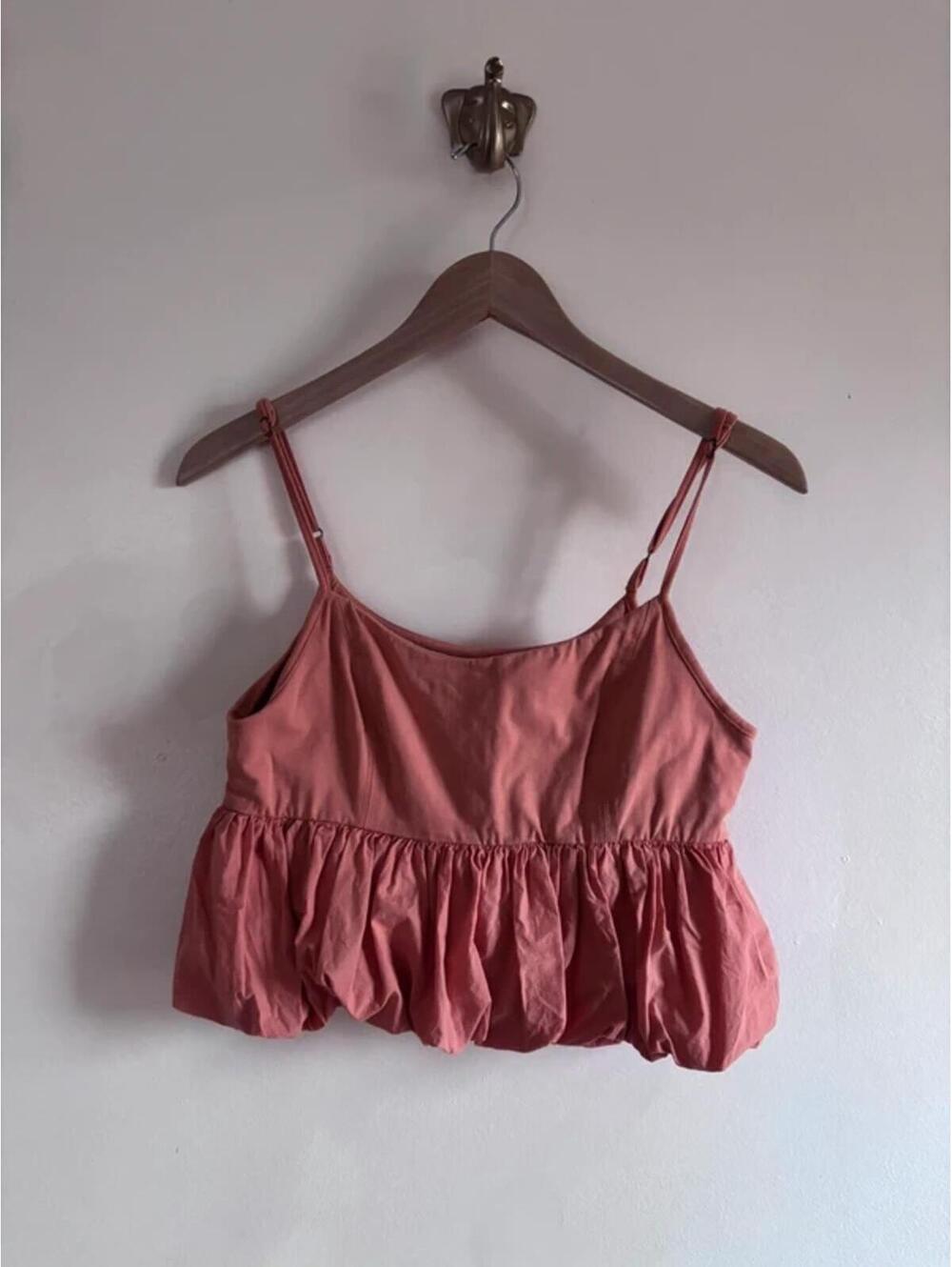 Maeve Dusty Rose Ruffle Hem Spaghetti Strap Top
